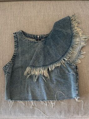 Zara Light Blue Denim Top with Frayed Trim
